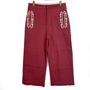 Moon River Women's Medium pink Coral Linen Embroidered Waistband Pants
